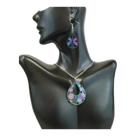 Iridescent Flower Earrings with Floral Teardrop Necklace Set - Picture 4 of 12
